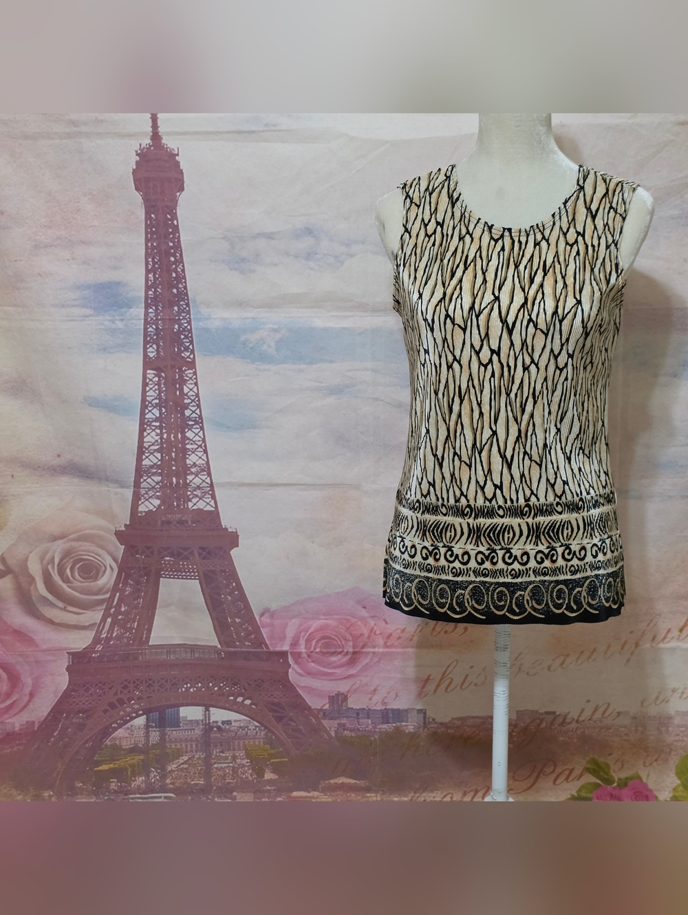 Plissè Sleeveless Cream & Black Patterned Tank Top Sz S
